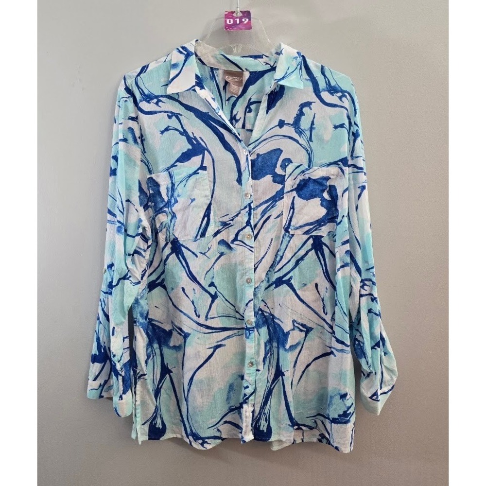 Chico's Women Button Up Blue Abstract Cotton Gauze Roll Tab Sleeve Shirt Size 3